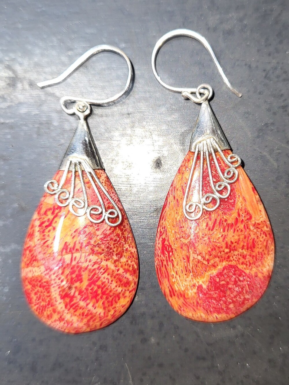 Handcrafted In Bali Red Teardrop Sponge Coral Earrings with Silver Filigree